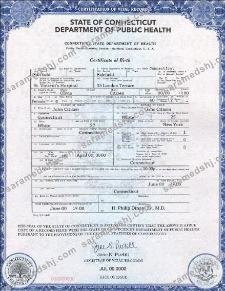 USA Connecticut state birth certificate template in PSD format